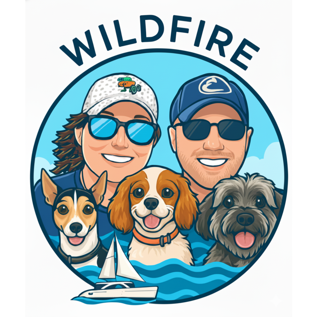 A square logo featuring a family of five (two adults, Chris and Pam and three dogs) in a circular rope frame against a blue water background. The title "WILDFIRE" curves above the circle.